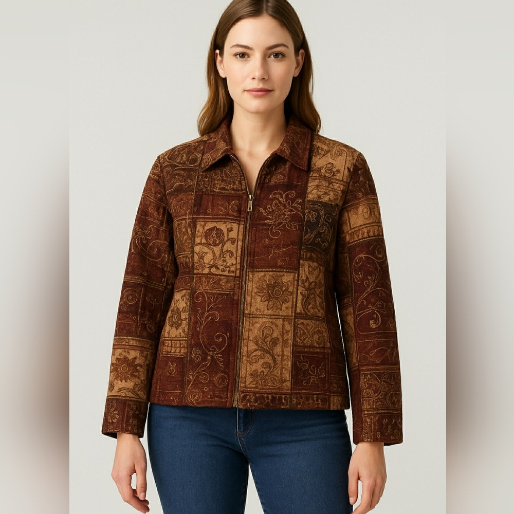 Dressbarn L Patchwork Tapestry Jacket Women’s Size Large Zip Front Boho Chic